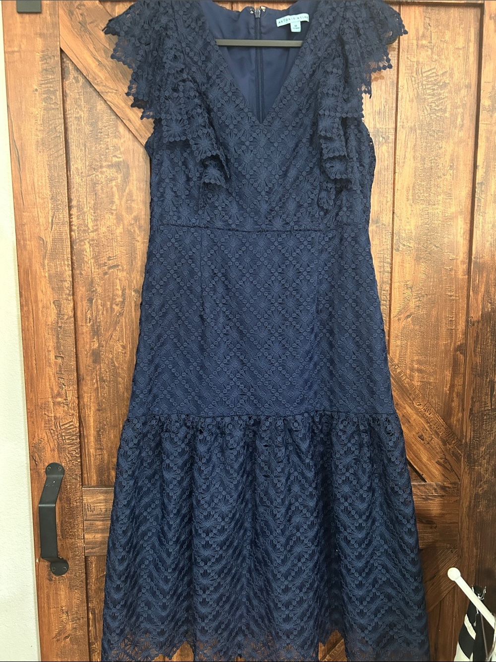 ANTONIO MELANI Navy Lace Midi Dress with Ruffle Sleeves,NEW